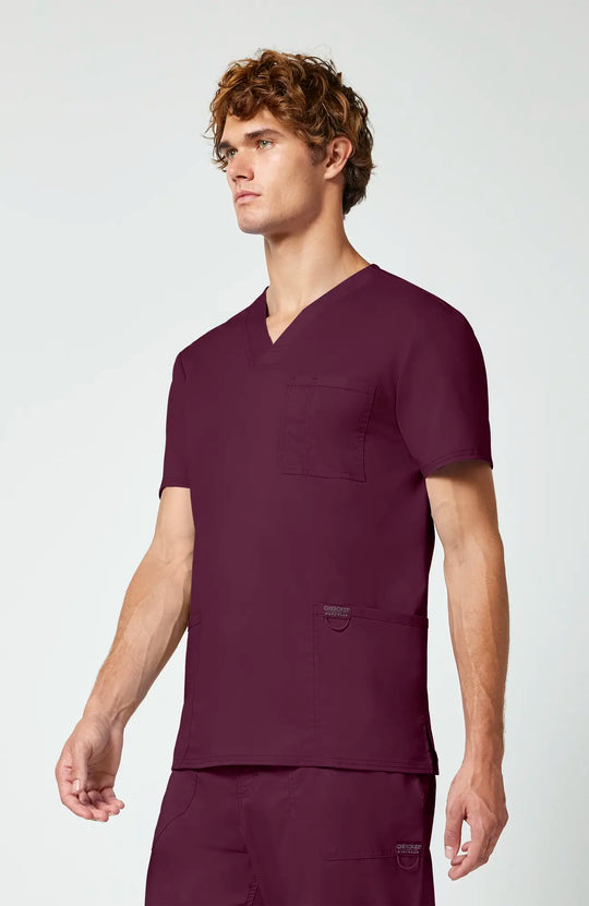 Cherokee Scrubs Men's 3-Pocket V-Neck Top Wine | scrub-supply.com