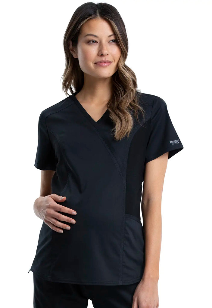 Cherokee Scrubs Maternity Mock Wrap Top Black | scrub-supply.com