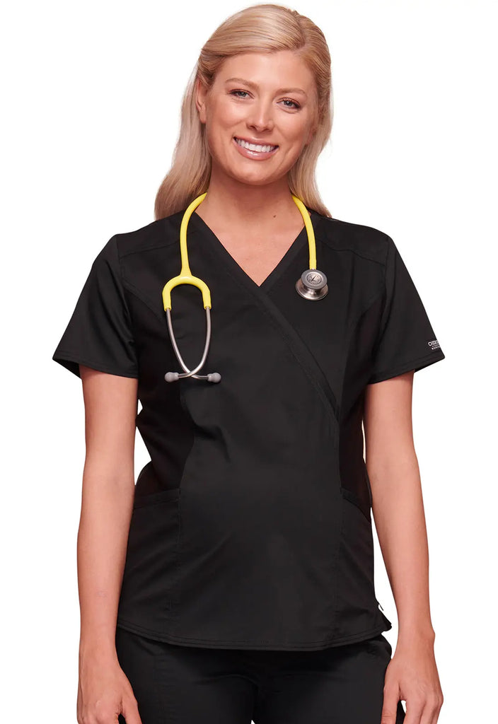 Cherokee Scrubs Maternity Mock Wrap Top Black | scrub-supply.com