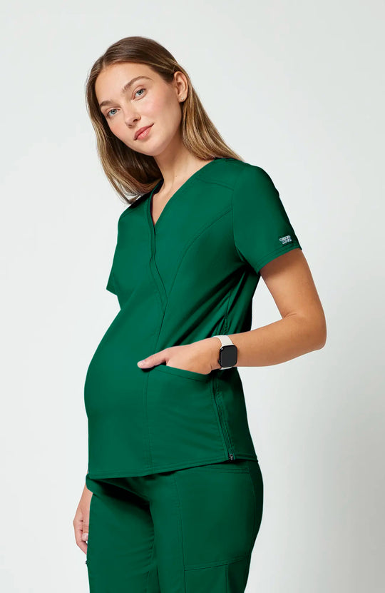 Cherokee Scrubs Maternity Mock Wrap Top Hunter Green | scrub-supply.com