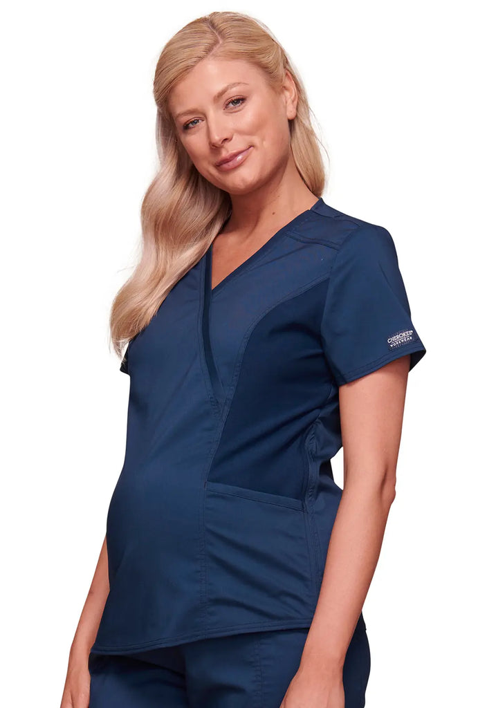 Cherokee Scrubs Maternity Mock Wrap Top Navy | scrub-supply.com