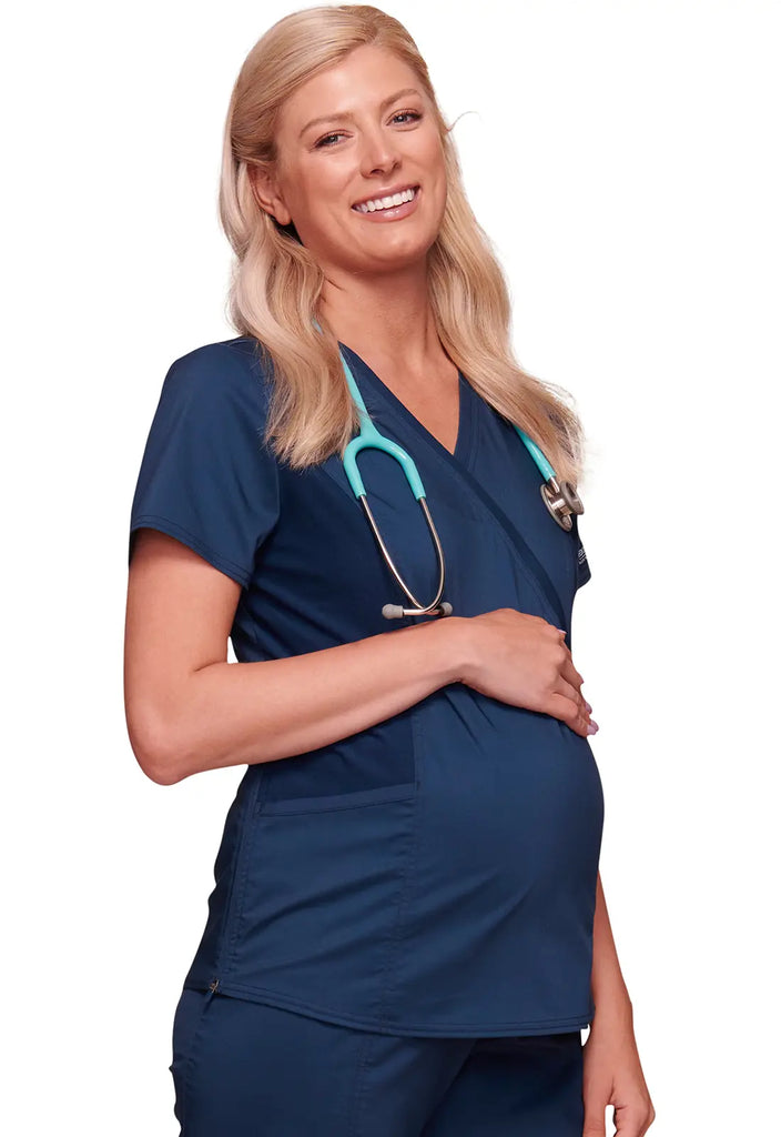 Cherokee Scrubs Maternity Mock Wrap Top Navy | scrub-supply.com