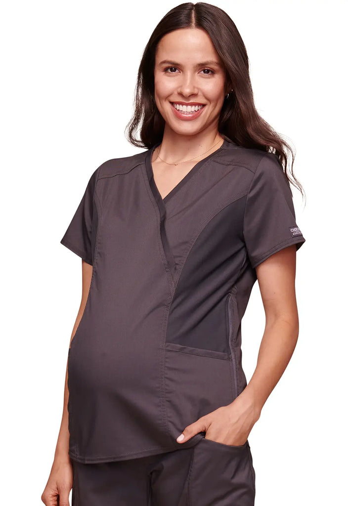 Cherokee Scrubs Maternity Mock Wrap Top Pewter | scrub-supply.com