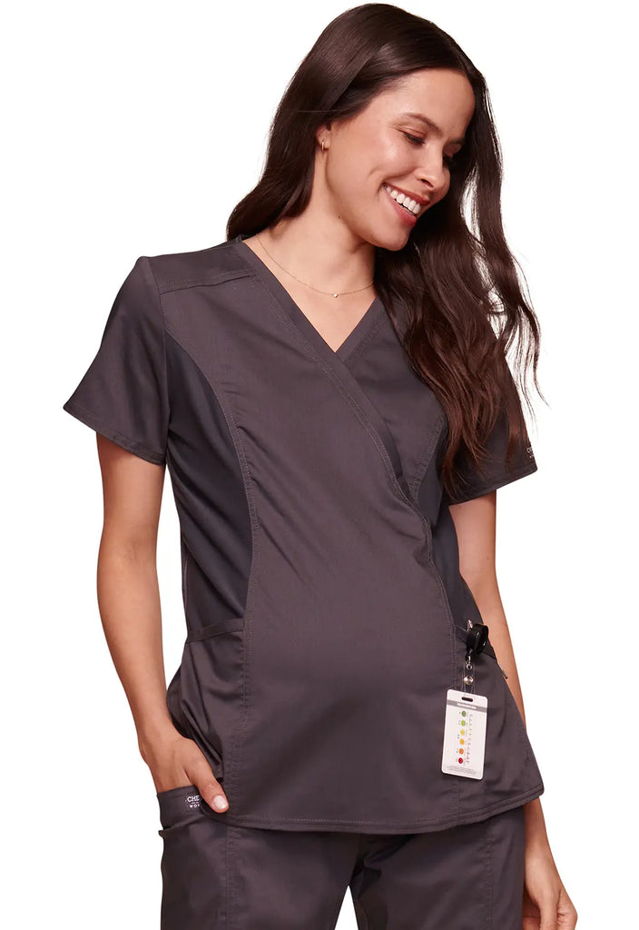 Cherokee Scrubs Maternity Mock Wrap Top Pewter | scrub-supply.com