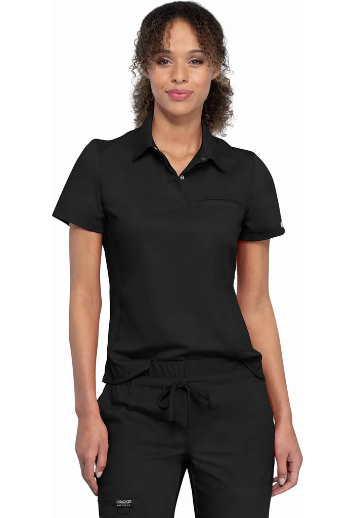 Cherokee Scrubs Women's Tuckable Snap Front Polo Shirt Black | scrub-supply.com