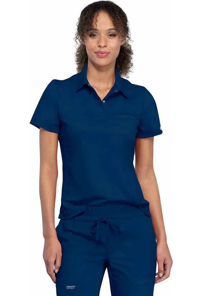 Cherokee Scrubs Women's Tuckable Snap Front Polo Shirt Navy | scrub-supply.com