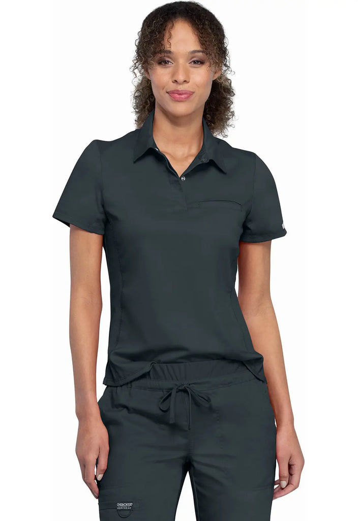 Cherokee Scrubs Women's Tuckable Snap Front Polo Shirt Pewter | scrub-supply.com