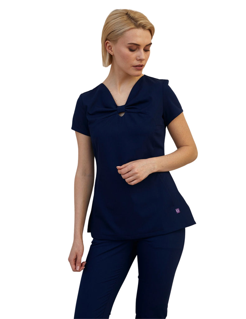Treat in Style Women's Bow Neck Top Blue -  by scrub-supply.com