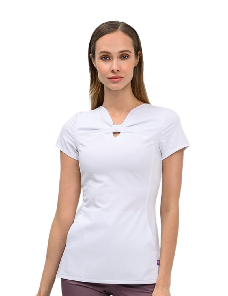 Treat in Style Women's Bow Neck Top White - LK1058-0100-1-50 by scrub-supply.com