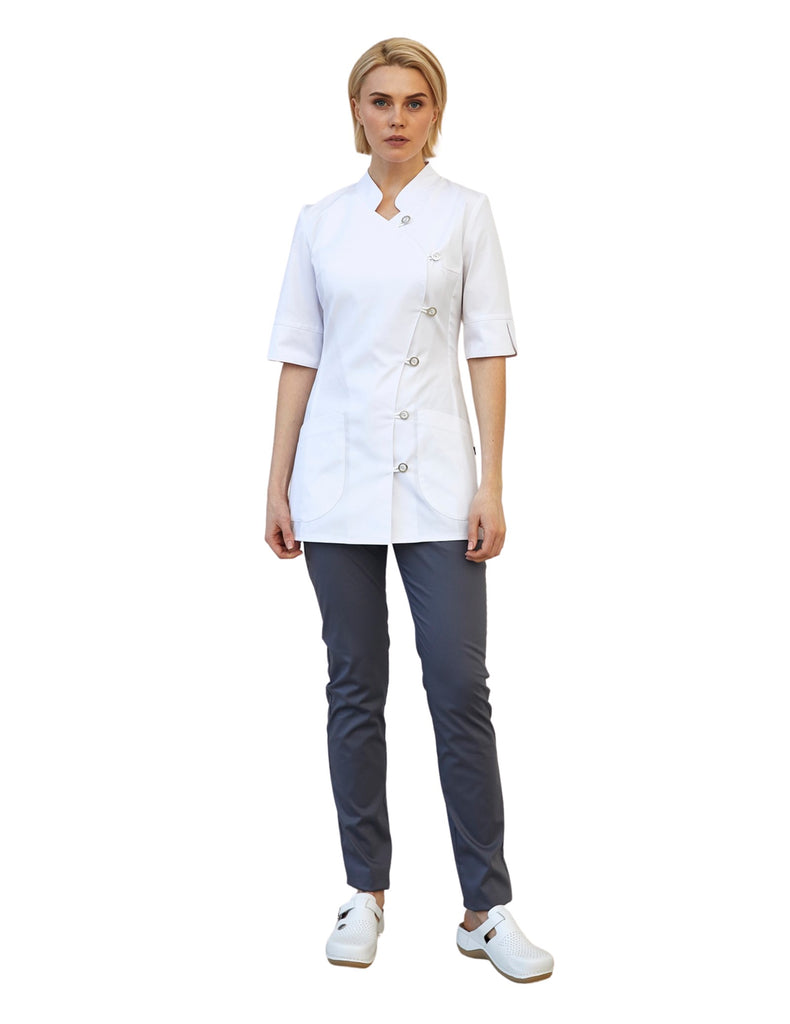 Treat in Style Asymmetric Collar Top White -  by scrub-supply.com